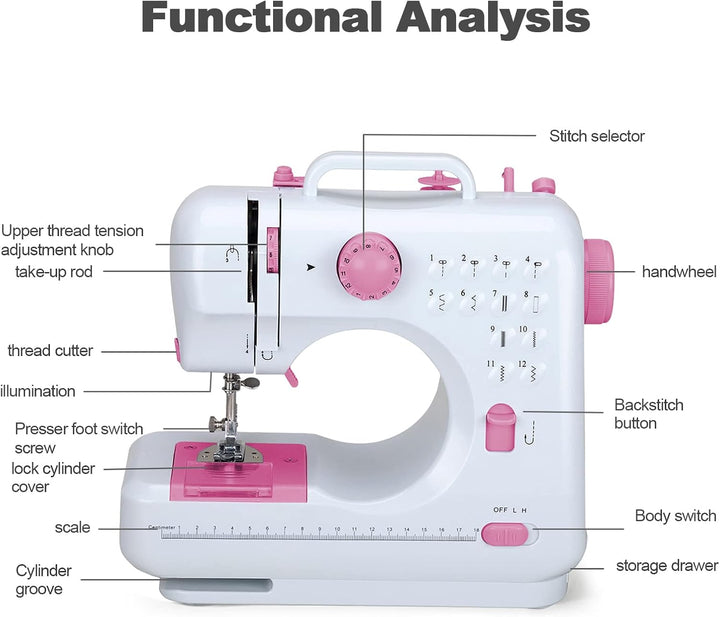 Elektrische Nähmaschine, Nähmaschine für Anfänger mit 12 Nähprogrammen, Haushaltsnähmaschine mit Dop