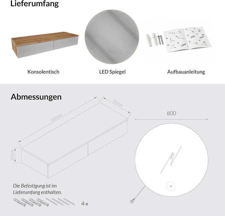Planetmöbel Flur Garderobe Set Konsolentisch 100 cm inkl. Spiegel mit Beleuchtung rund (ohne Rahmen)