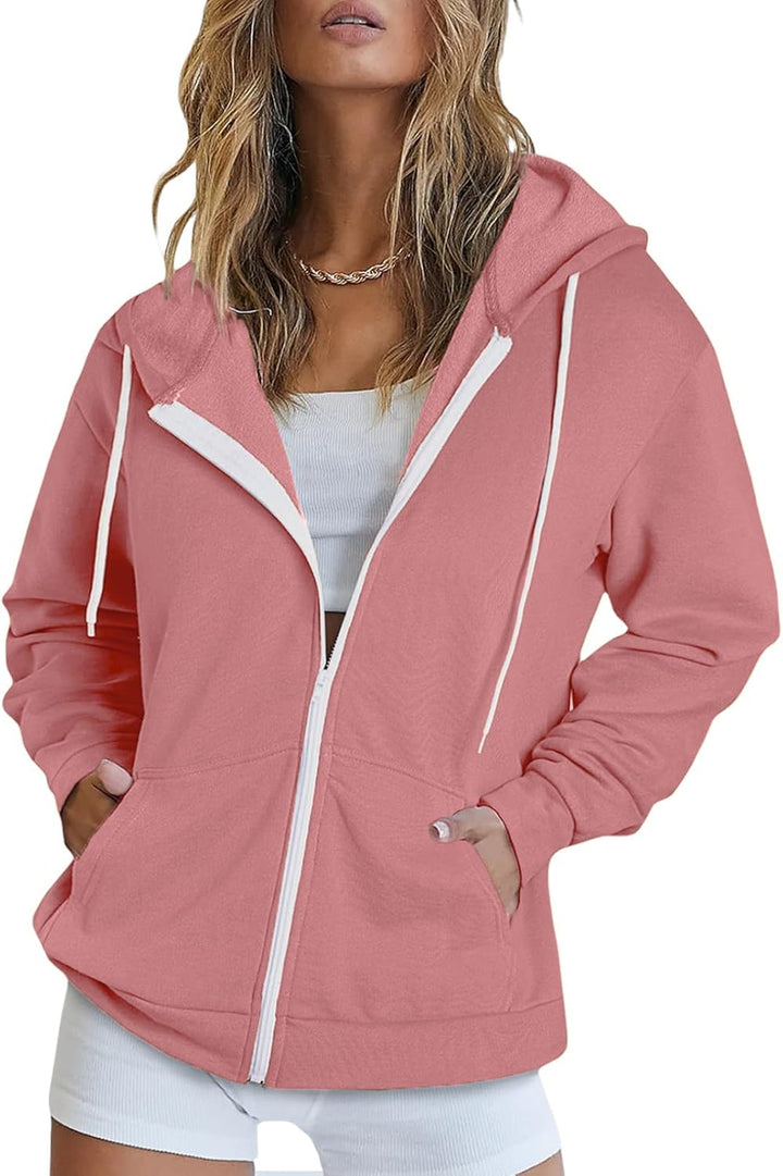 Maavoki Damen Zip Hoodie Langarm Kapuzenpulli Fleece Outwear Jacken Herbst Winter Sweatjacke A-rosa