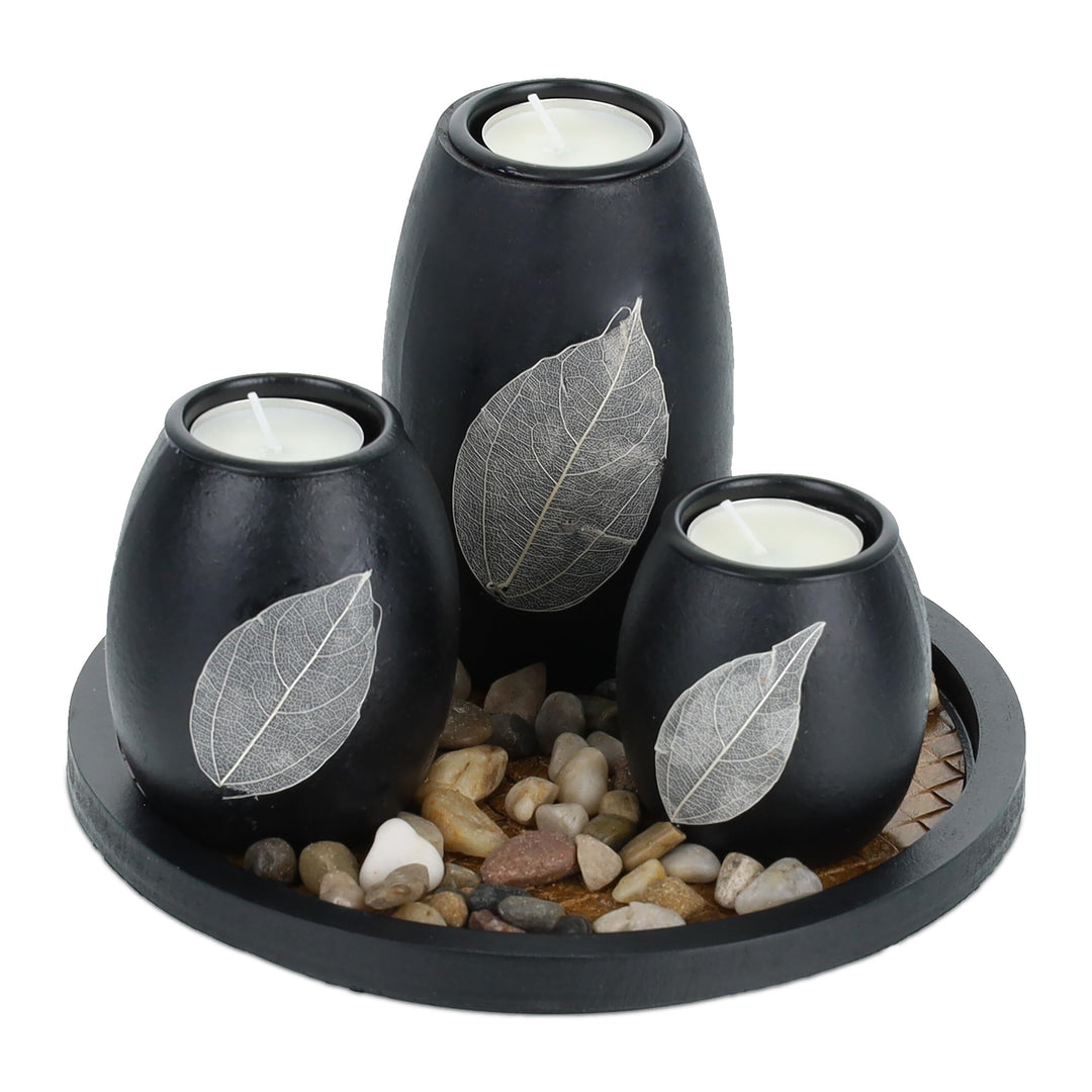 Relaxdays Teelichthalter Set mit Tablett & Steinen, Ø 19,5 cm, Tischdeko Wohn- & Esszimmer, Kerzenha