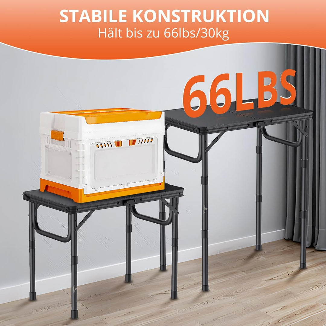 FUNYKICH Campingtisch Klapptisch 58x40cm, Faltbarer Grilltisch mit 3 Höhen Verstellbarer(26/48/70cm)