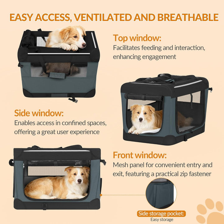 Hundebox Faltbar, Hundetransportbox Tragbare mit 3-Türen, 60 x 42 x 42 cm, Transportbox Hund Atmungs