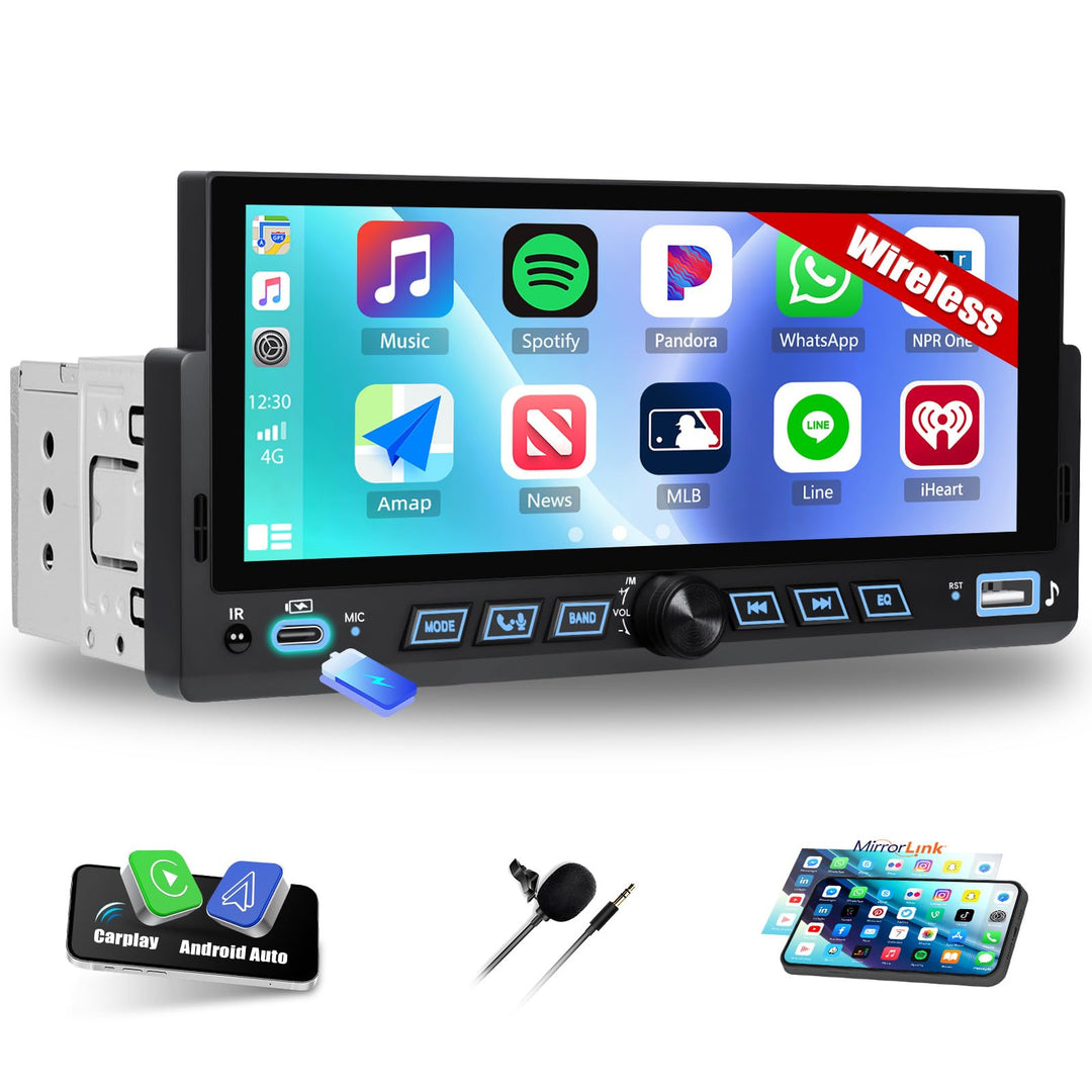 CAMECHO Autoradio 1 Din Wireless Carplay Android Auto Bluetooth 5.2 Radio mit 6.86 Zoll LCD Touchscr