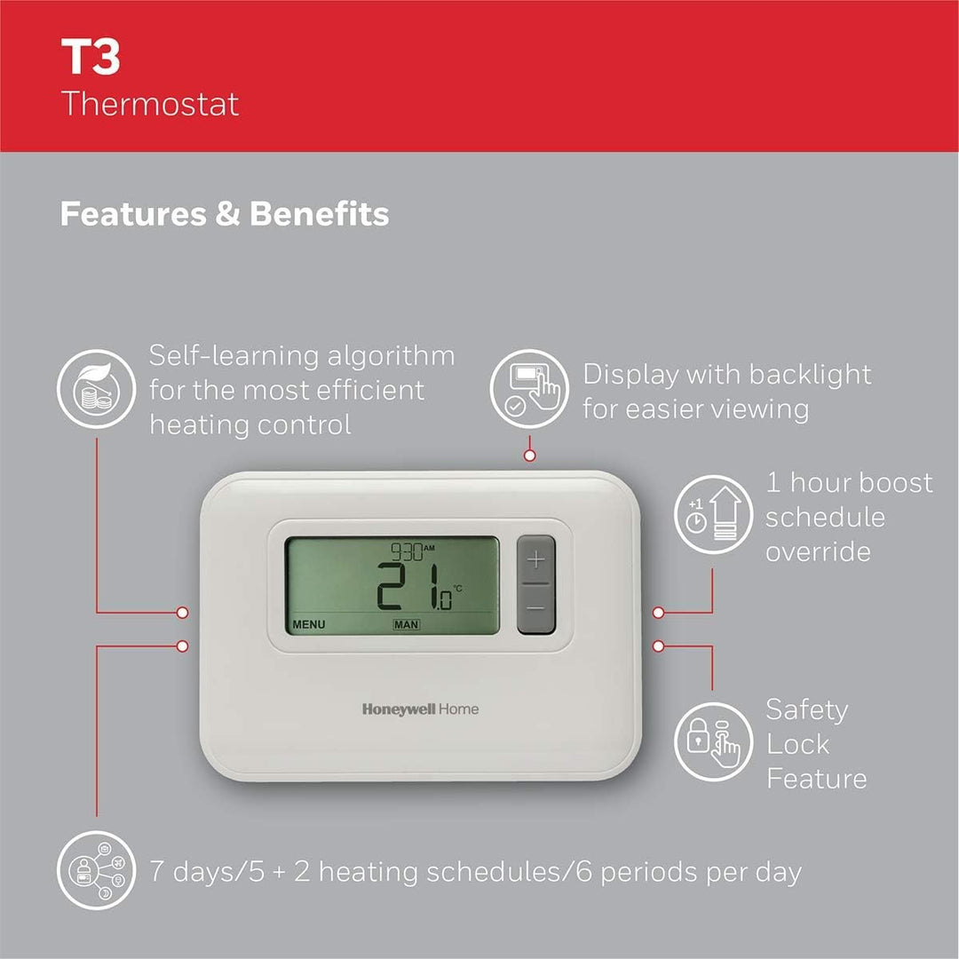 Honeywell Home T3C110AEU T3 7-Tage programmierbarer kabelgebundener Thermostat, Weiss Wire, Wire