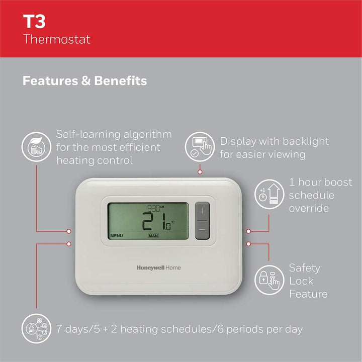 Honeywell Home T3C110AEU T3 7-Tage programmierbarer kabelgebundener Thermostat, Weiss Wire, Wire