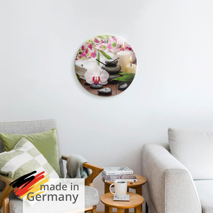 ARTLAND Wanduhr ohne Tickgeräusche Glas Quarzuhr Ø 30 cm Rund Lautlos Zen Steine Orchideen Blumenmot