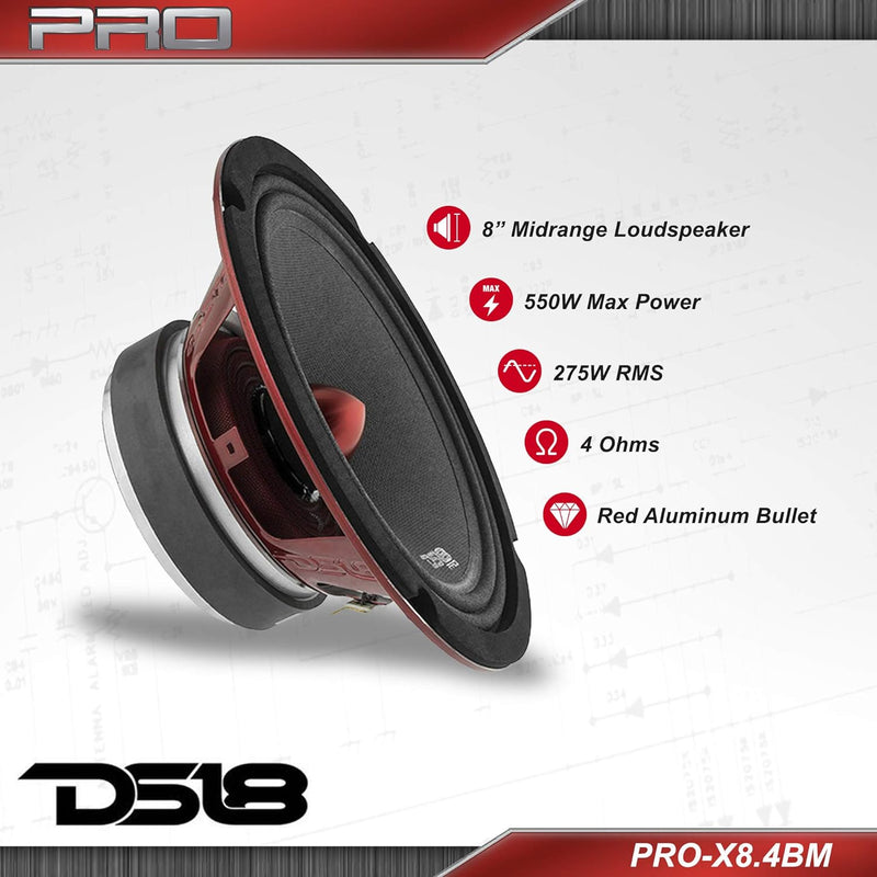 DS18 Car Midrange Speaker 8" Inch 600w Watt 8Ohm Bass Loudspeaker PRO-X8.4BM Bullet 4 Ohm 20,3 cm, B