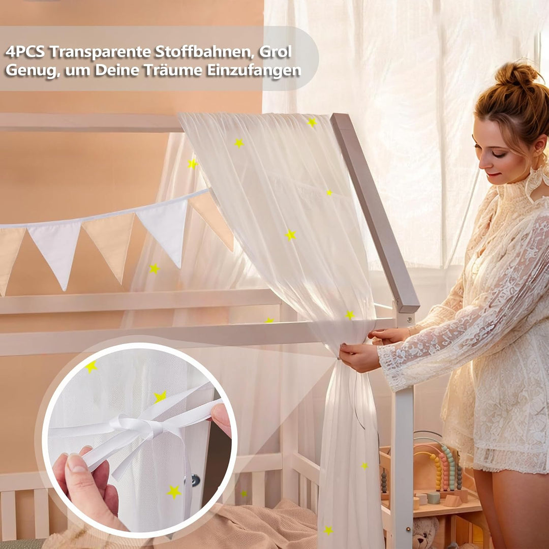 Hausbett Himmel Deko mit Leuchtenden Sternen, 2 Betthimmel & 1 Wimpelkette | Babybett Himmel für Kin