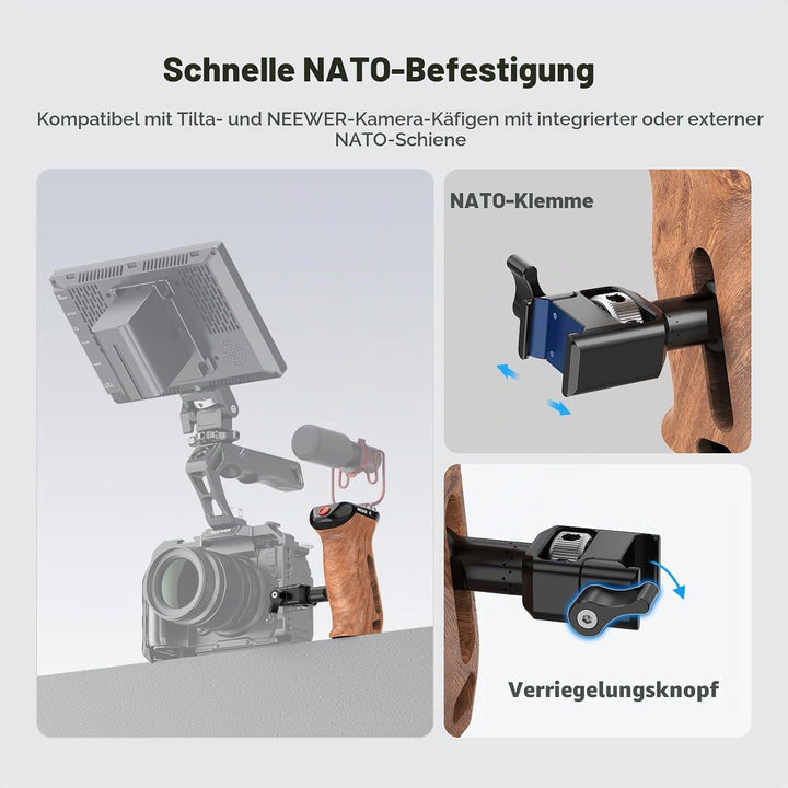 NEEWER Side Handle Holz Seitengriff mit Fernauslöser für Aufnahme Start/Stopp, NATO Klemme 1/4" und