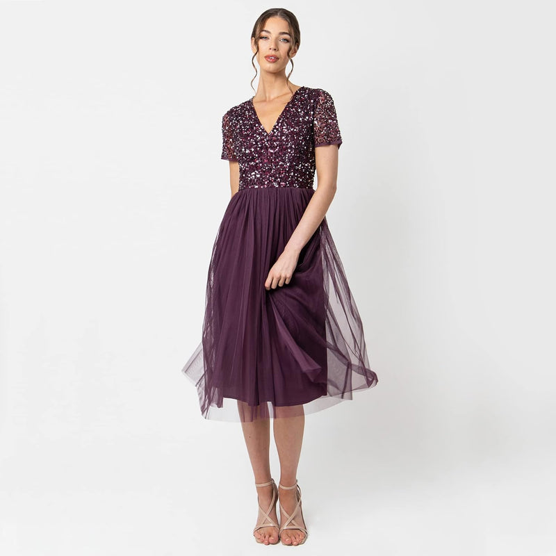 Maya Deluxe Damen Midi-Kleid mit V-Ausschnitt, Verziert Brautjungfernkleid Beere 34, Beere 34