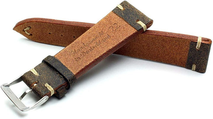 Sulla 22 mm Vintage Leder Uhrenarmband Handgemacht in Deutschland Retro Look Braun weisse Naht