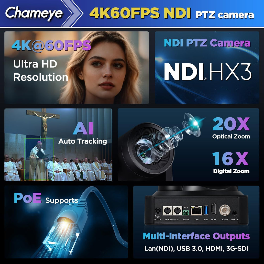 Chameye 4K 60fps NDI HX3 PTZ-Kamera, KI Auto-Tracking, 20-Fach optischer Zoom, HDMI/USB/3G-SDI/LAN/P