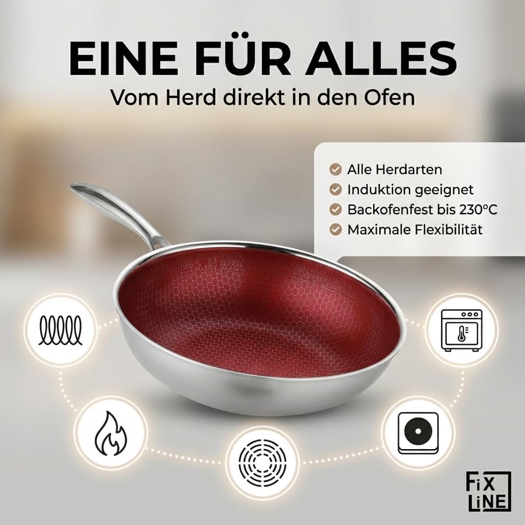 FIXLINE® Black Forest Wokpfanne 28cm - RED Edition - kratzfeste Beschichtung - alle Herdarten inkl.