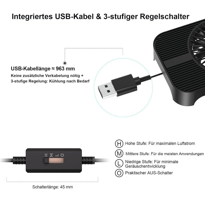 X3-V2 Router-Kühler, 140 mm USB-Lüfter mit 3 Stufen, Schwarz