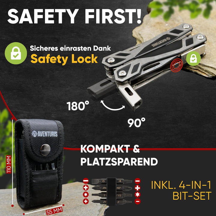 AVENTURIS® Multitool-Werkzeug -PERSONALISIERBAR- 21 Funktionen [Edelstahl] Ein Multifunktionswerkzeu