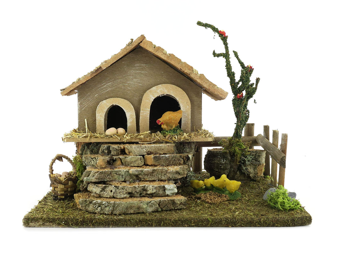 Bertoni Miniatur Hühnerstall mit Hühner und Treppe, Holz, Mehrfarbig, 19 x 15 x 14 cm
