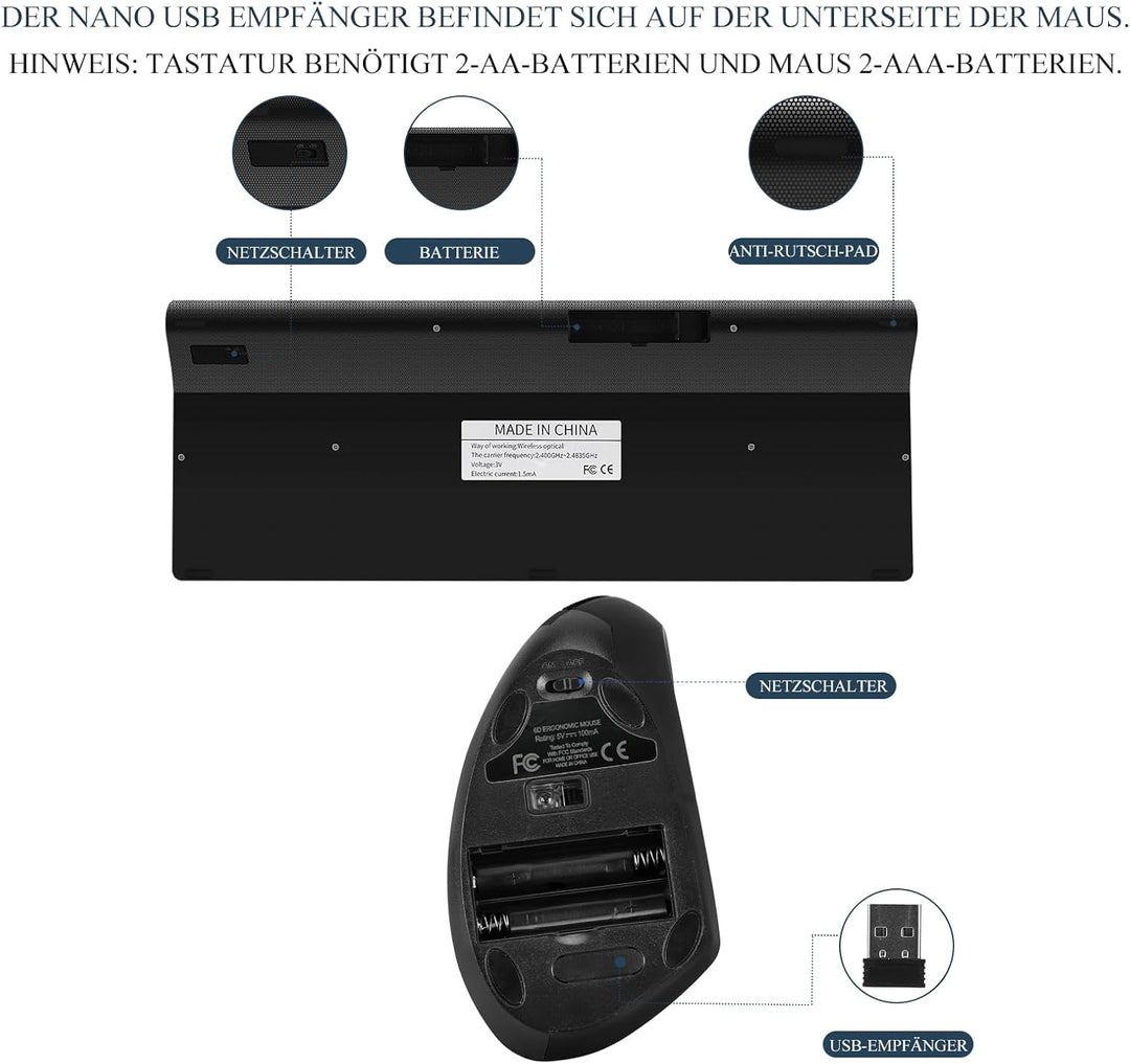 Fonicer 2,4 GHz Kabellose Vertikale Ergonomische Maus und Tastatur Combo Ultradünne tragbare Grösse