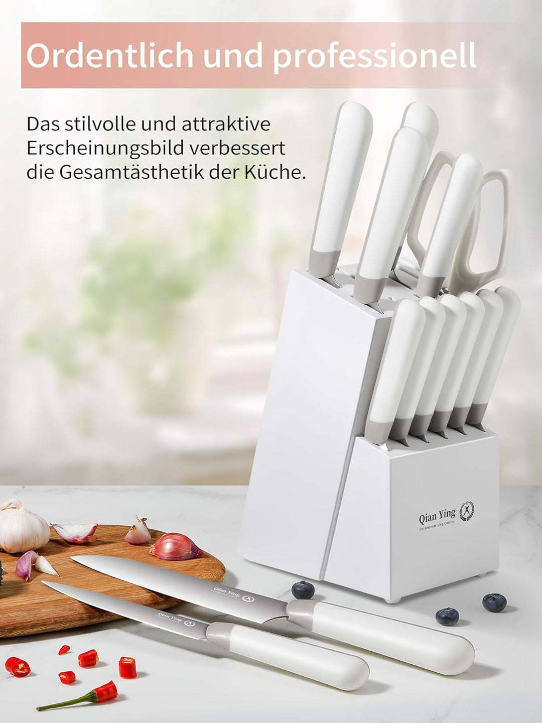 Messerset mit Block Weiss Küchenmesser Set: 14 Teilig Messer Set Fashion Messerblock mit Schärfer Ko