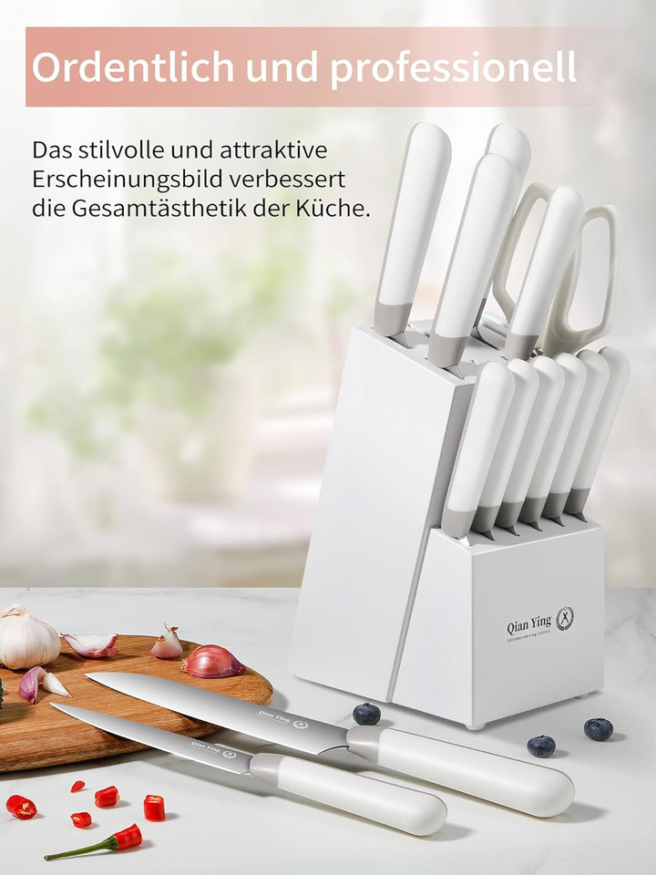 Messerset mit Block Weiss Küchenmesser Set: 14 Teilig Messer Set Fashion Messerblock mit Schärfer Ko