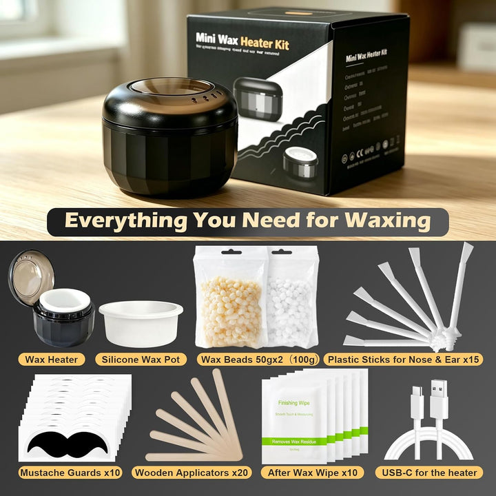Haarentferner Set für Männer: Mini Wachsheizgerät USB 100g, 20 Applikator+10 Spatel+10 Schnurrbartsc