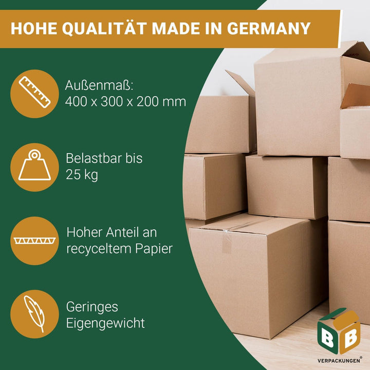 BB-Verpackungen 50 x Faltkarton 400 x 300 x 200 mm (1-wellig, Versandkarton braun) - Sets zwischen 5