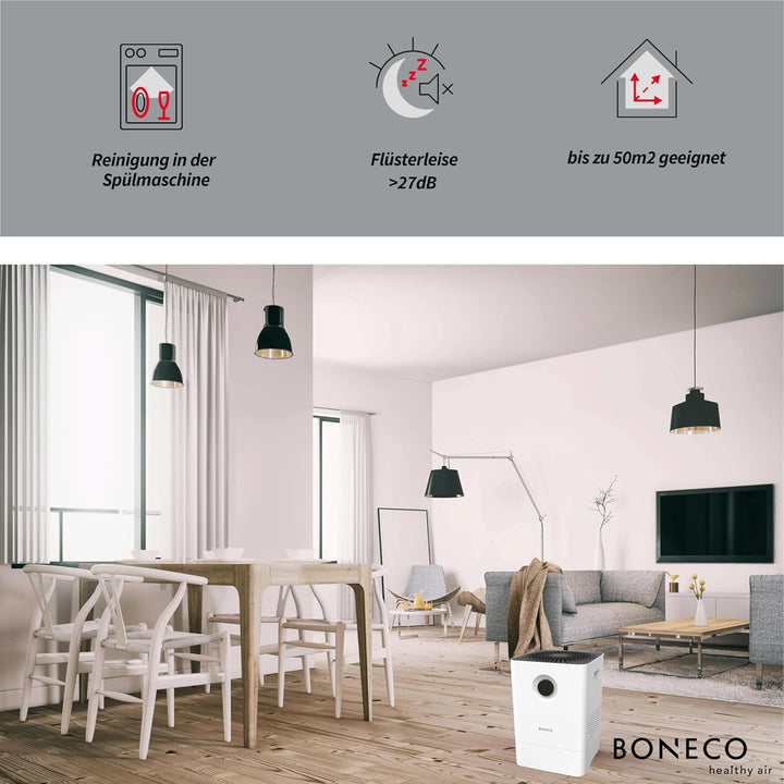 BONECO Luftbefeuchter W200 I 4,5L Wassertank I für Räume bis 50 m² I sehr leise mit 27dB I 2 Leistun