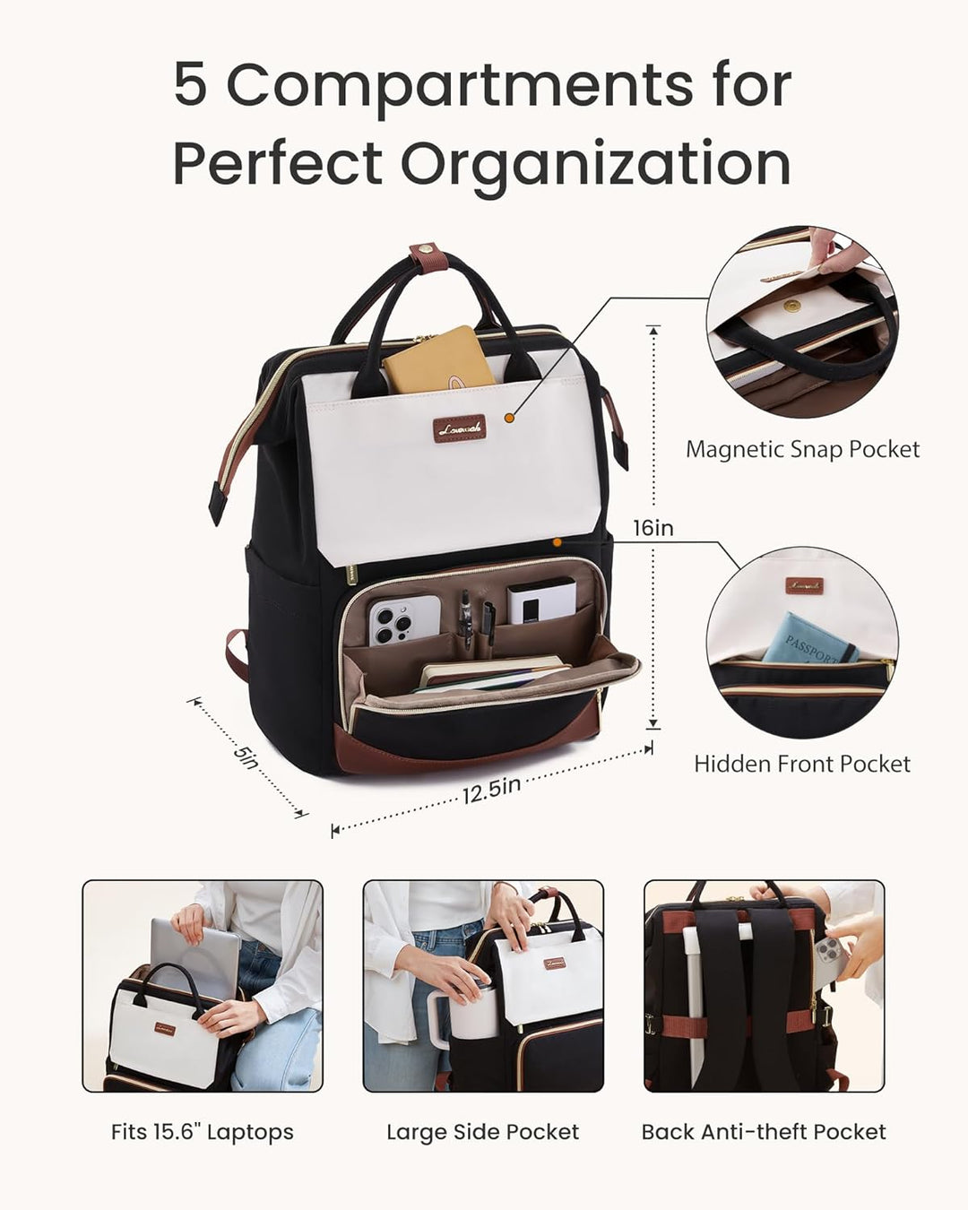 LOVEVOOK Rucksack Damen, 15,6 Zoll Laptop Schulrucksack für Grosse Trinkflasche, Travel Backpack Wom