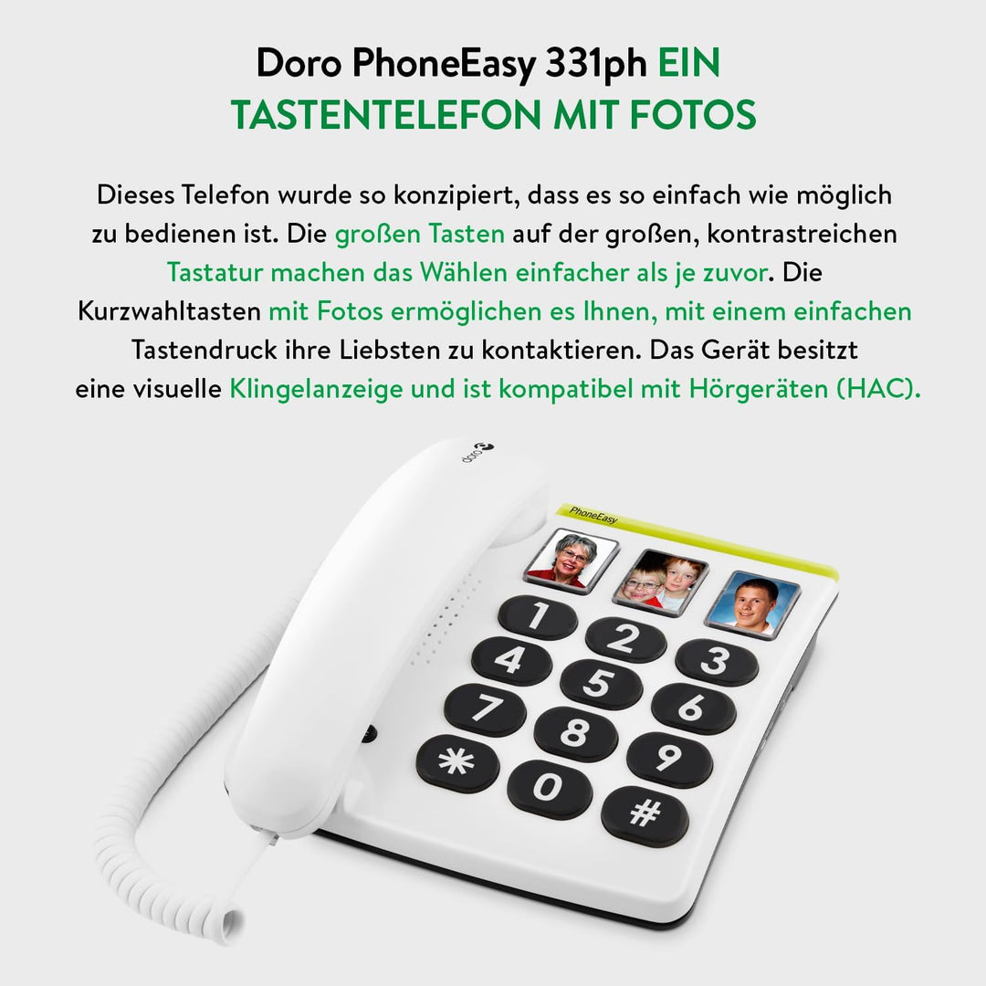 Doro PhoneEasy 331ph Seniorentelefon, Schnurgebundenes Grosstastentelefon mit 3 Direktwahl-Fototaste