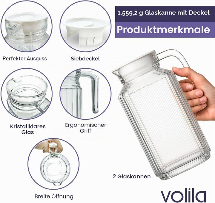 Kühlschrankkrug 1,7L Glas Wasserkrug mit Deckel (2er Pack) – Glaskrug Geriffeltem Glasdesign & Griff