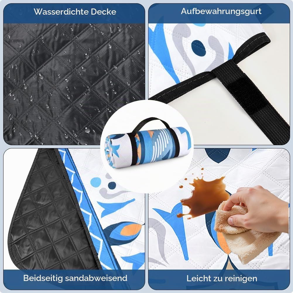 AUAUY Picknickdecke Boho Wasserdicht, 200x200cm, mit Tragegurt, Grün Blau - 200x200 Cm, Blau - 200x2