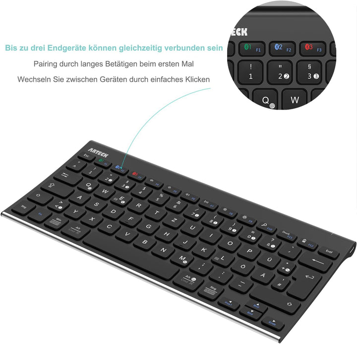 Arteck Bluethooth Tastatur, QWERTZ Deutsche Wireless Tastatur mit Rostfreier Stahl Kabellose Tastatu