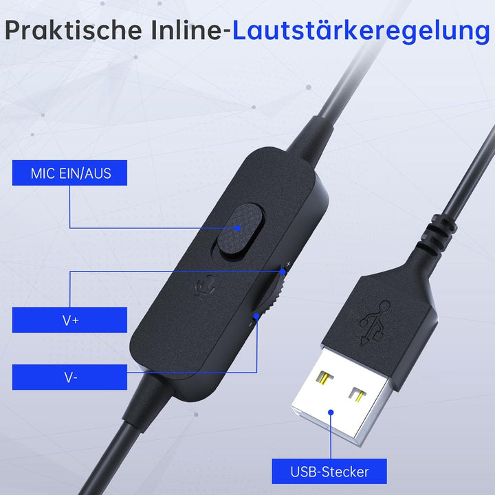 USB Headset mit Mikrofon, Stereo-Headset Noise Cancelling Mikrofon, Kabelgebundenes USB PC Headset f