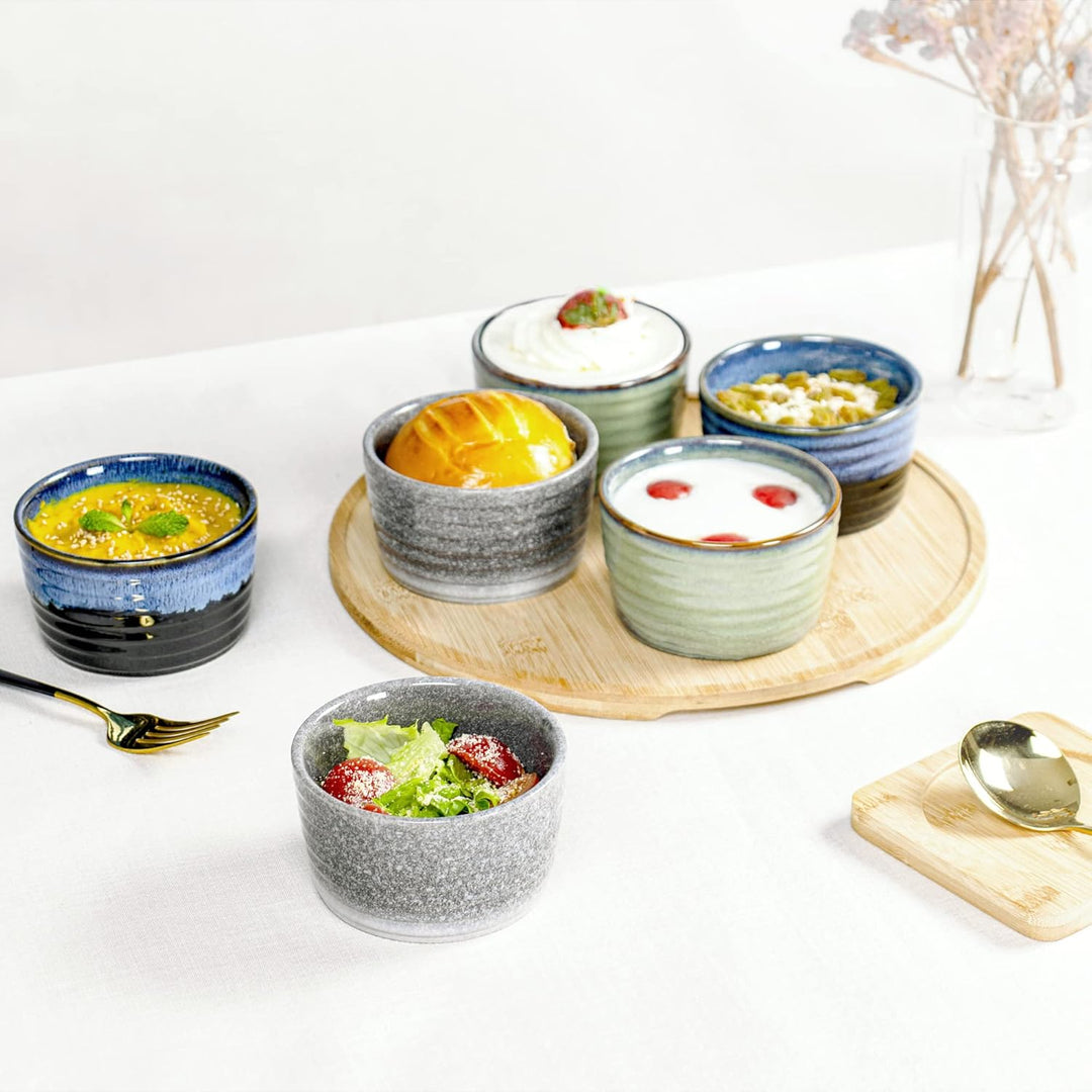 Souffle Förmchen, Porzellan Schälchen Grün für 6 Personen - Mini Auflaufform Reaktive Glasur Grün, D