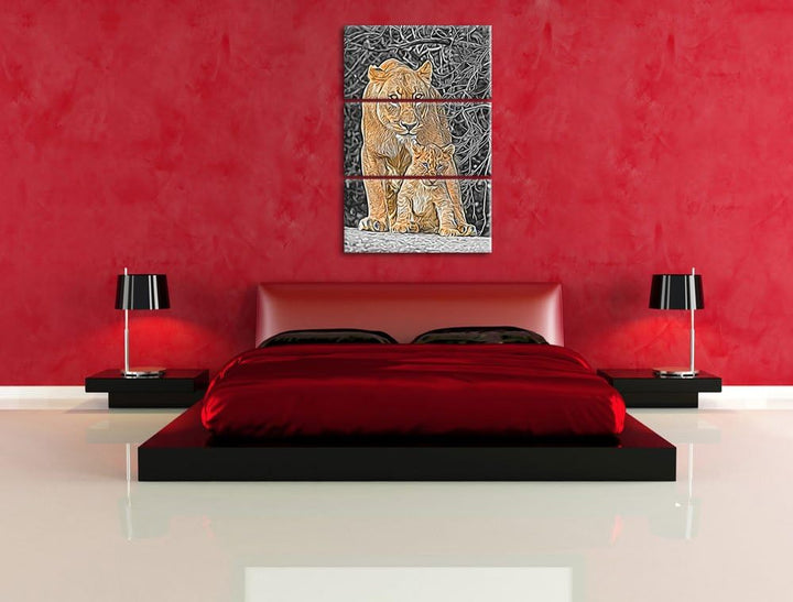 schöne Löwin mit süssem Jungtier schwarz/weiss Deluxe 3-Teiler Leinwandbild 120x80 Bild auf Leinwand