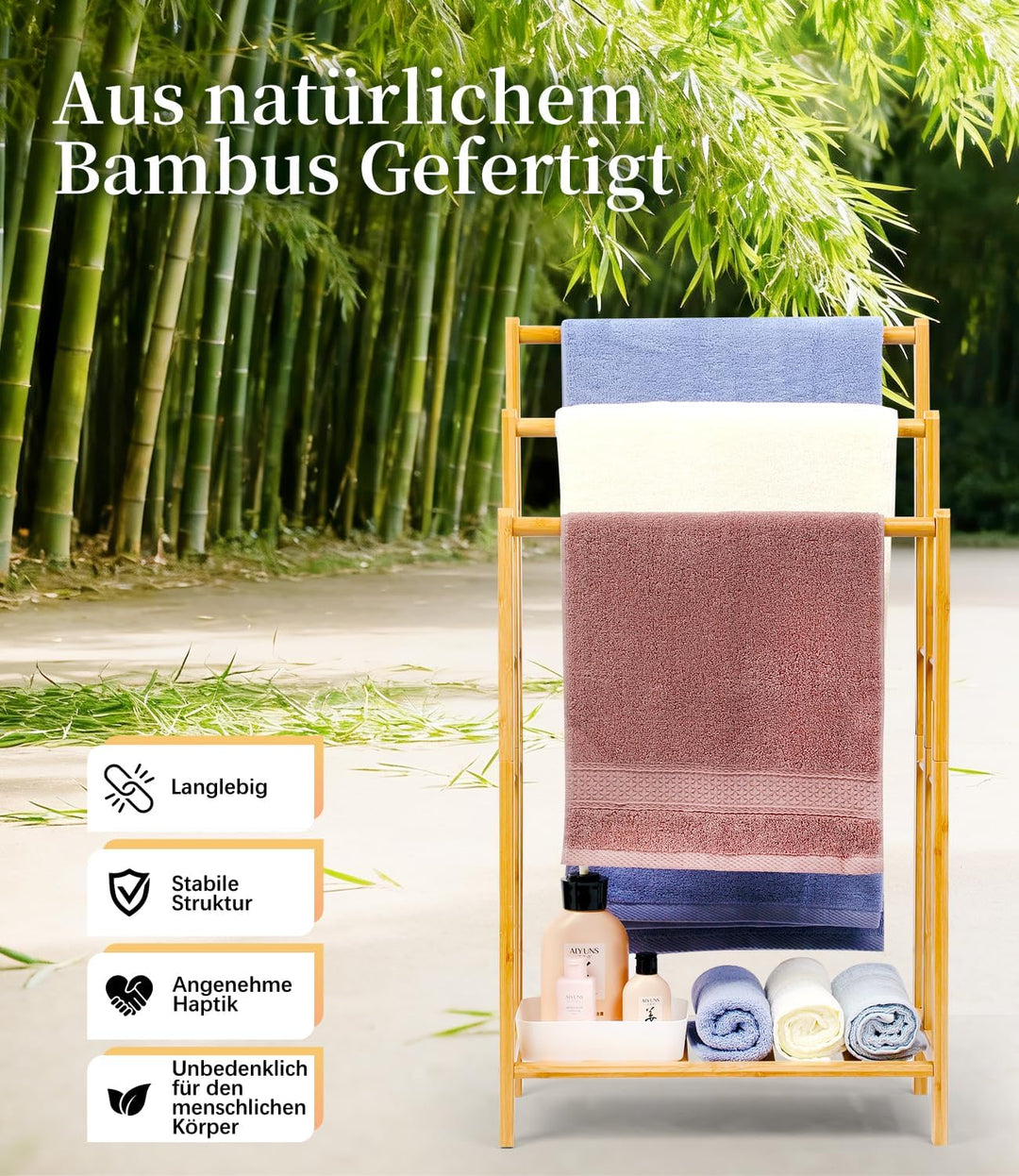 Bambus Handtuchständer mit Ablage, Handtuchhalter Freistehend, Handtuchleiter stehend mit 3 stangen,