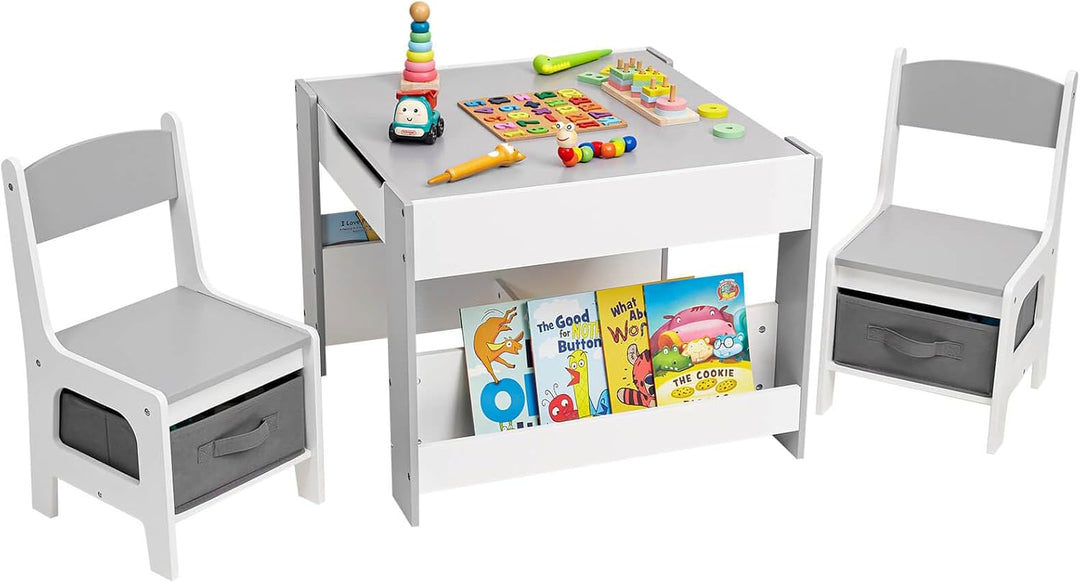 Yorbay Kindertisch mit 2 Stühle, Kindermöbel Set aus Holz mit Stauraum und Bücherregalen, 3 in 1 Mal