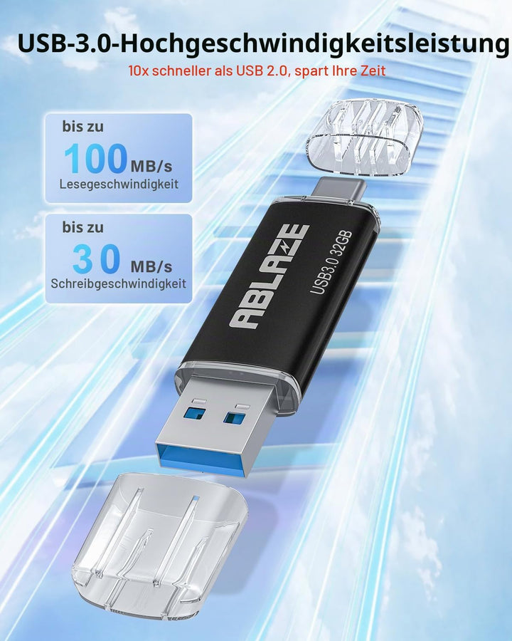 ABLAZE USB C Stick 32GB 2 Stück, Dual-USB Typ C + USB A 3.0 Speicherstick, OTG Flash Drive für Andro