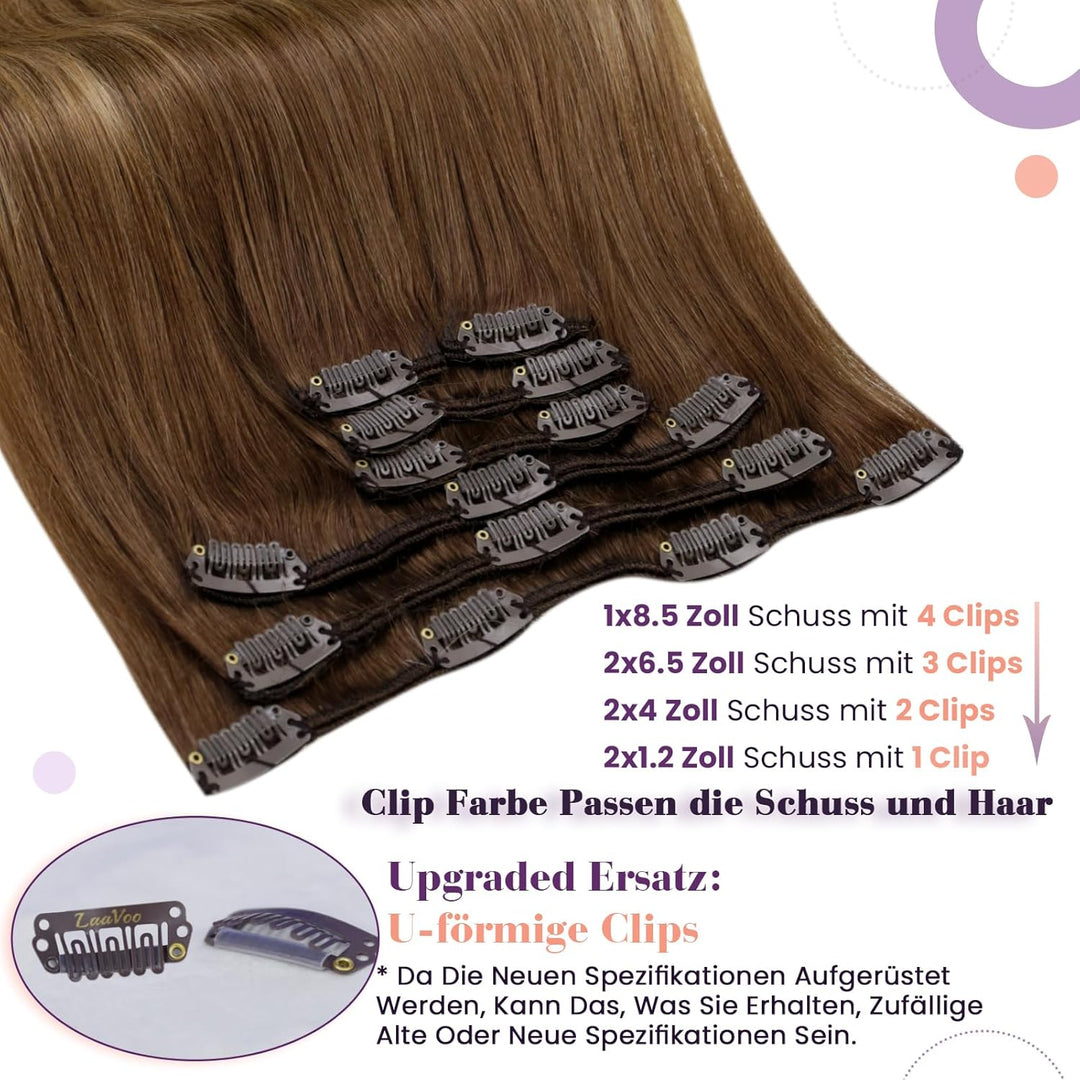 LaaVoo Clip in Extensions Echthaar Balayage Braun Echthaar Extensions Clip in Hellbraun Ombre Dunkel