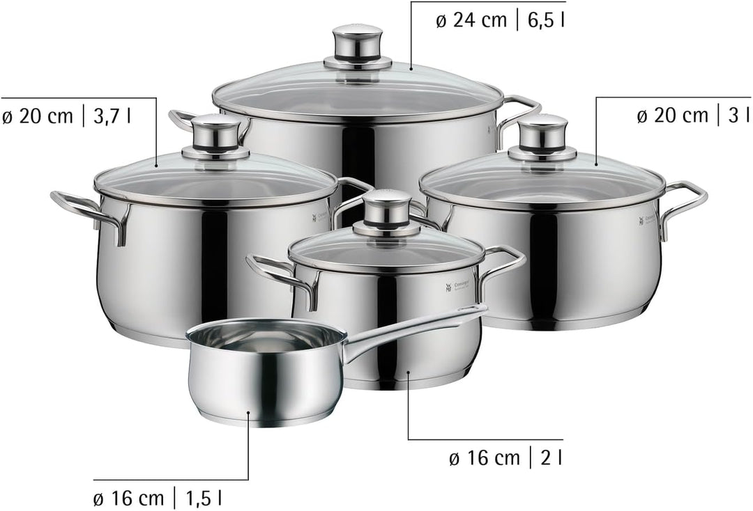 WMF Diadem Plus Topfset Induktion 5-teilig, Kochtopf Set mit Glasdeckel, Cromargan Edelstahl poliert
