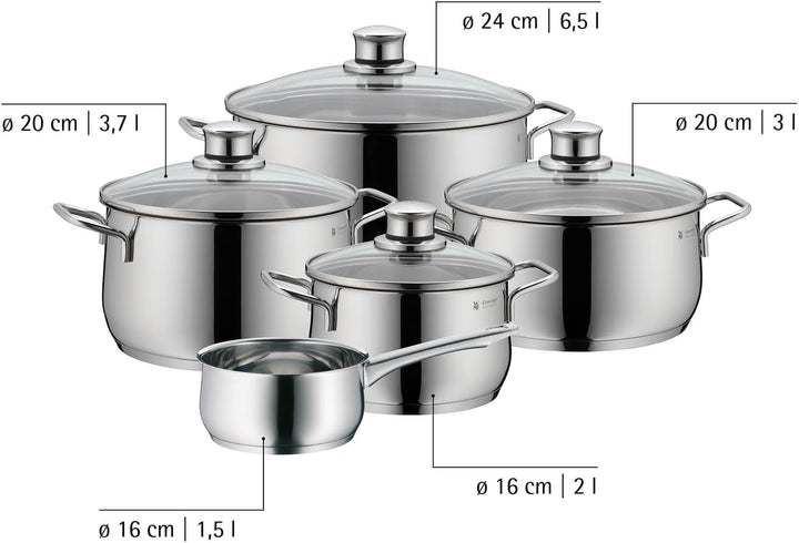 WMF Diadem Plus Topfset Induktion 5-teilig, Kochtopf Set mit Glasdeckel, Cromargan Edelstahl poliert