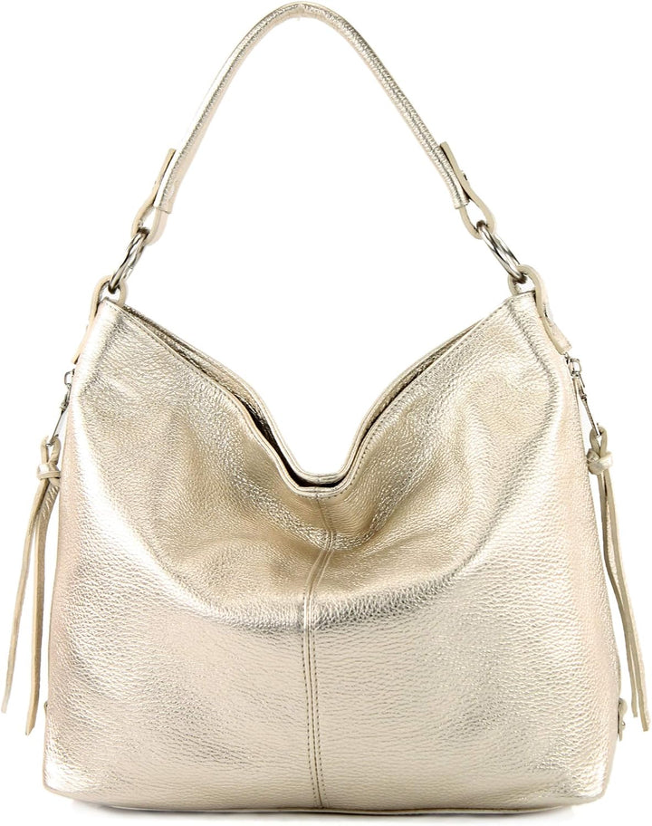 modamoda de T160 Damen Leder Schultertasche Gross, handmade in Italy Light Gold, Light Gold