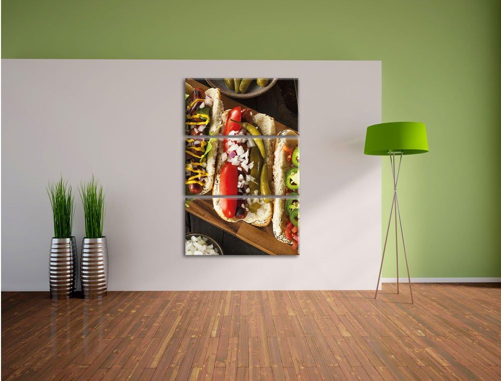 Pixxprint Amerikanische Hotdogs als Leinwandbild 3 teilig/Grösse: 3 Teilig (120x80) / Wandbild/Kunst