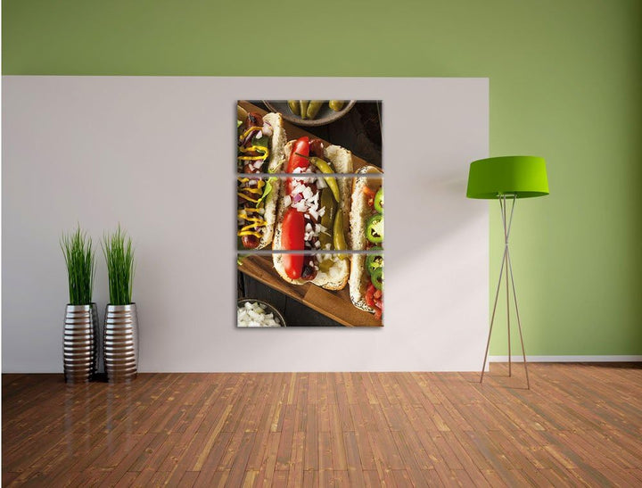 Pixxprint Amerikanische Hotdogs als Leinwandbild 3 teilig/Grösse: 3 Teilig (120x80) / Wandbild/Kunst
