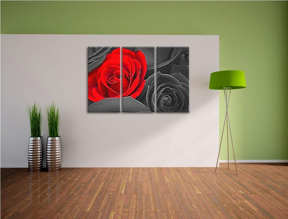 romantische rote Rosen schwarz/weiss Deluxe 3-Teiler Leinwandbild 120x80 Bild auf Leinwand, XXL ries