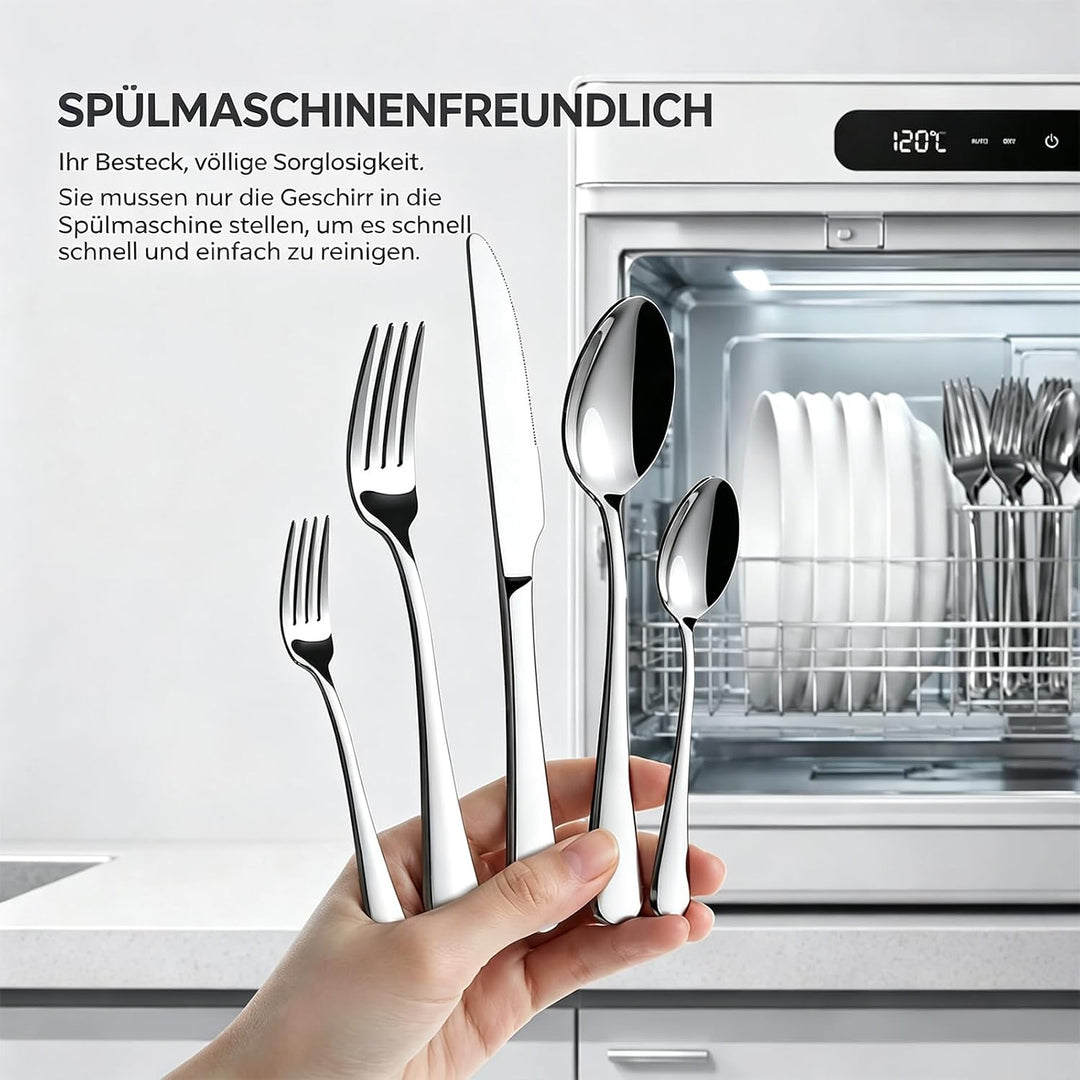 Besteck Set 4 Personen, 20-Teilig, 18/10 Edelstahl, Silber | Teardrop Design, Modern Poliert, Spülma