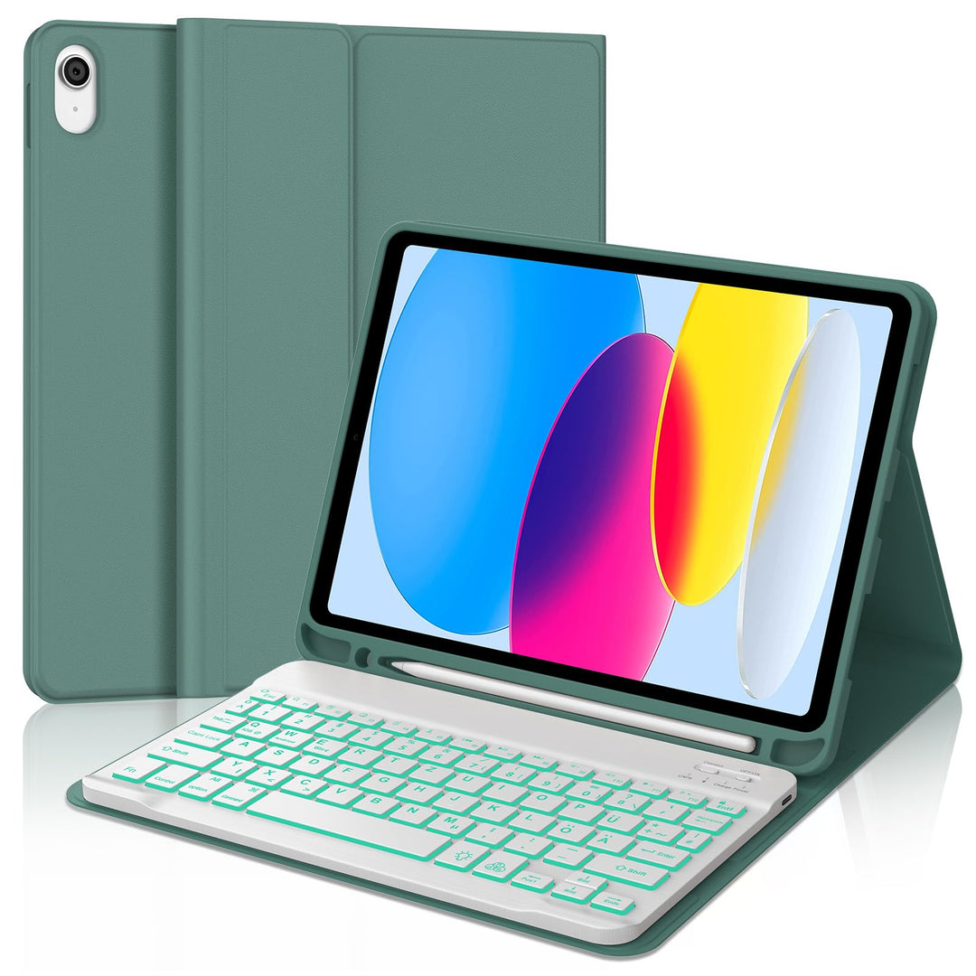 JADEMALL Für iPad Hülle mit DE Tastatur für 11./10. Gen (2025/2022) – 7-Farben Beleuchtete Bluetooth