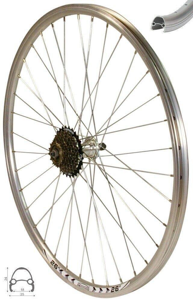 Redondo 26 Zoll Hinterrad Laufrad Hohlkammer Felge QR Silber + 7 Fach Kranz