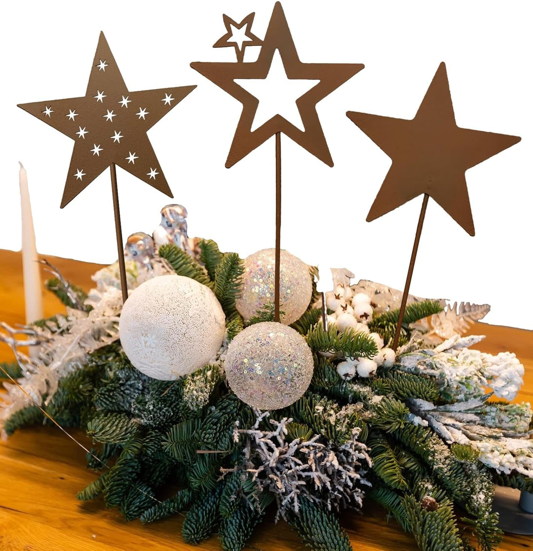 KRONLY 3 Stück Gartenstecker Sterne Roststecker Metall Weihnachten wetterfest Gartendeko Outdoor