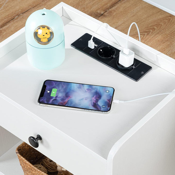 HOOBRO Nachttisch mit Ladestation, Beistelltisch mit Schublade und offenen Fächern, USB-Anschlüsse u