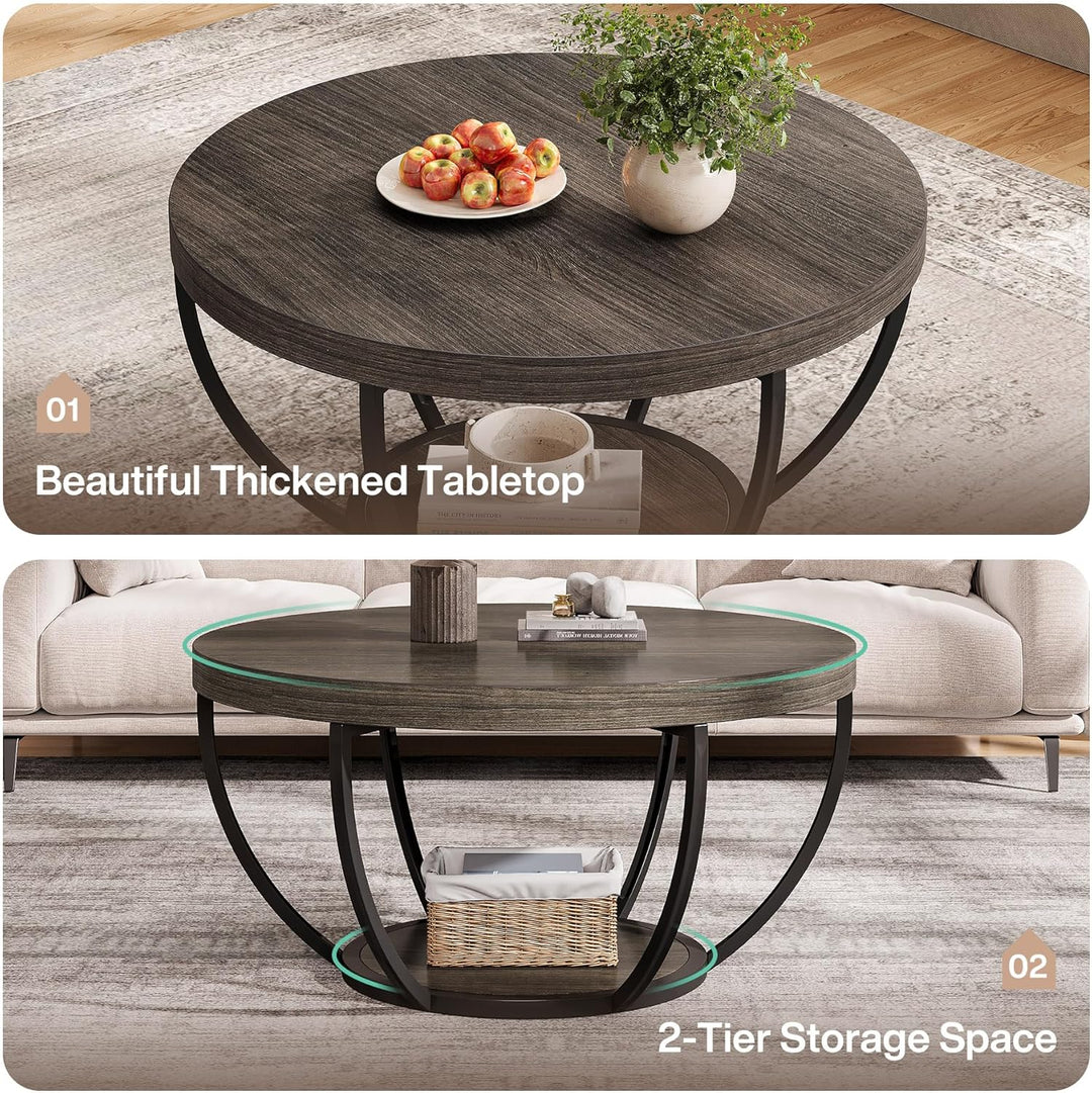 Tribesigns Runde Couchtisch, Industrial 2-Tier-Kreis Couchtisch mit Lagerung Regale, Moderne hölzern